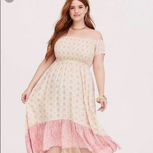 Torrid peasant style Pink and Cream Hi Lo Dress